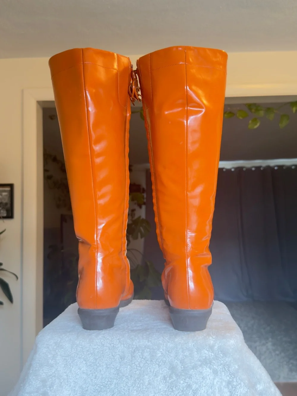 Cole Haan Orange Waterproof Patent Leather Tall Wedge Rain Boots Size 7.5 B